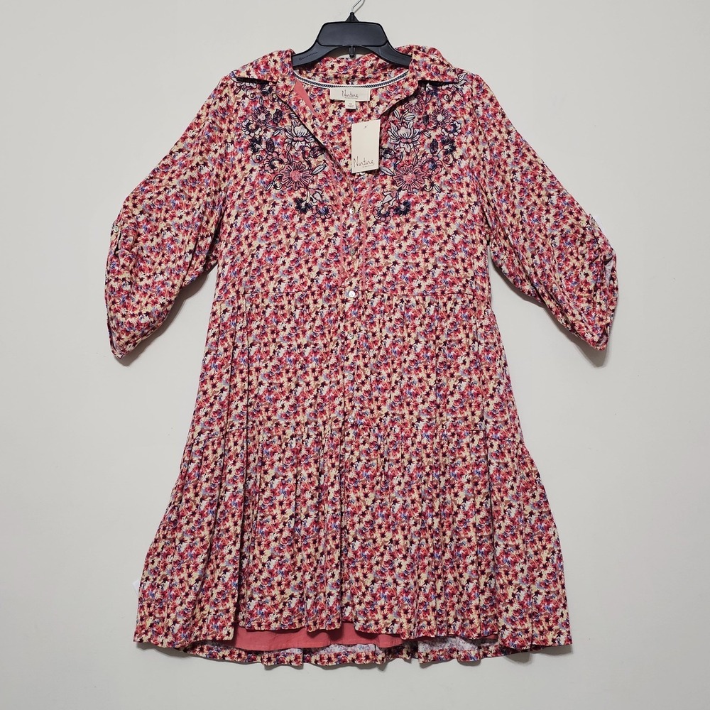 Nurture Dress Medium Yellow Brown Multicolor Shift Long Sleeves Front Button 934